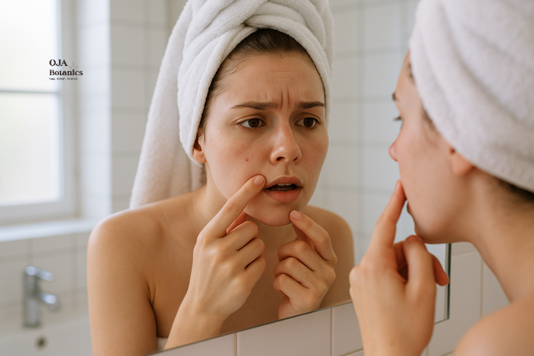 A girl looking at her damaged skin.