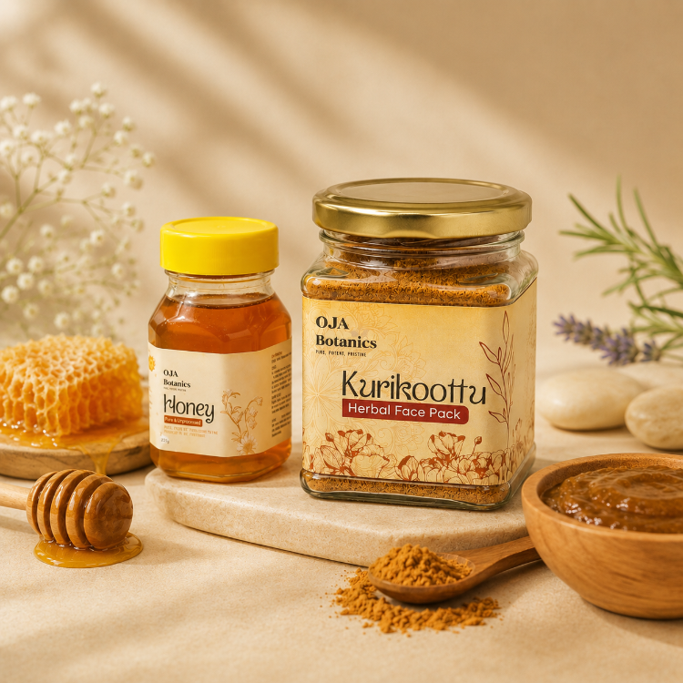 OJA Botanics honey and Kurikoottu Herbal Face Pack on a wooden surface with natural elements.